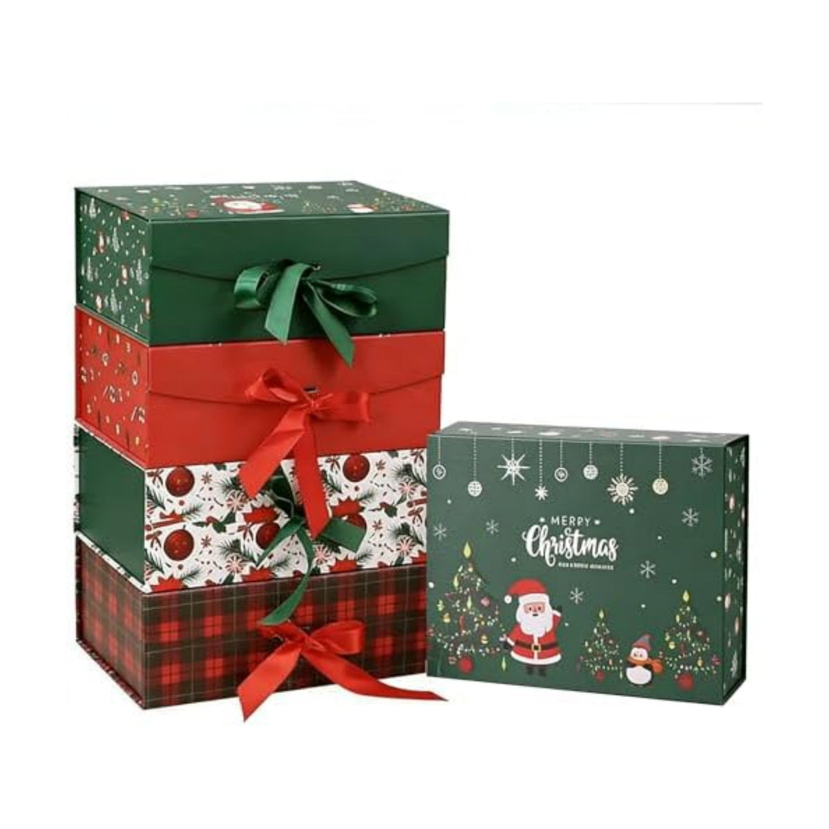 Dimore Christmas Magnetic Gift Boxes with Lids, Collapsible Hardboard Gift Packaging, Red & Green Holiday Boxes for Presents, 4 Pack (Multiple Sizes) (4Pack Christmas 11.5" x 8.7" x 4")
