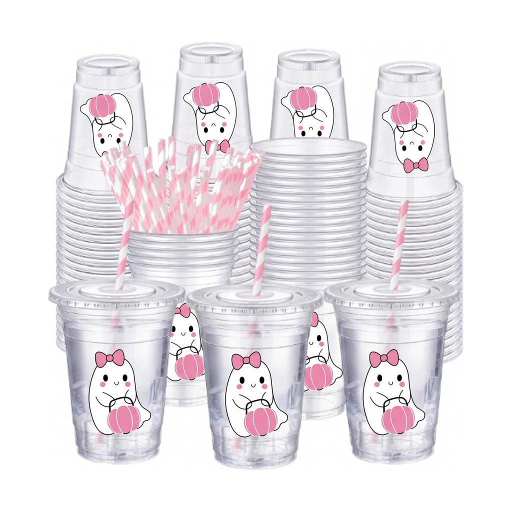 FillTouch 50 Pcs Halloween a Little Boo Almost Due Baby Shower Cups Pink