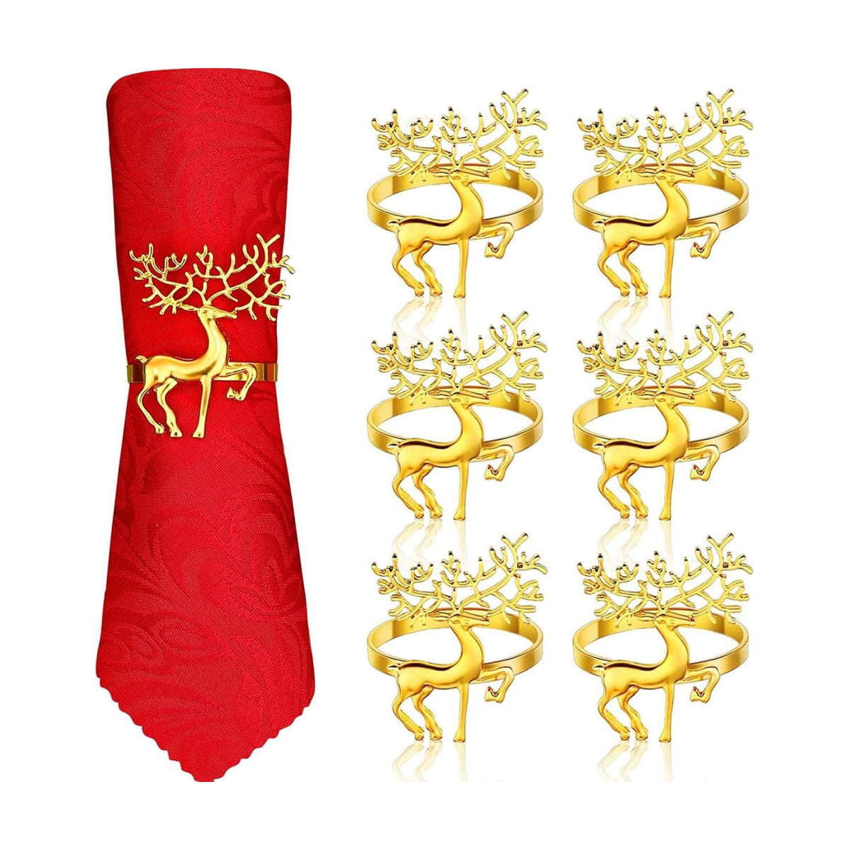 Gold Christmas Napkin Rings Set of 6, Metal Winter Xmas Elk Napkin Holders Wedding Dinner Home Table Decorations Winter Christmas Decorations