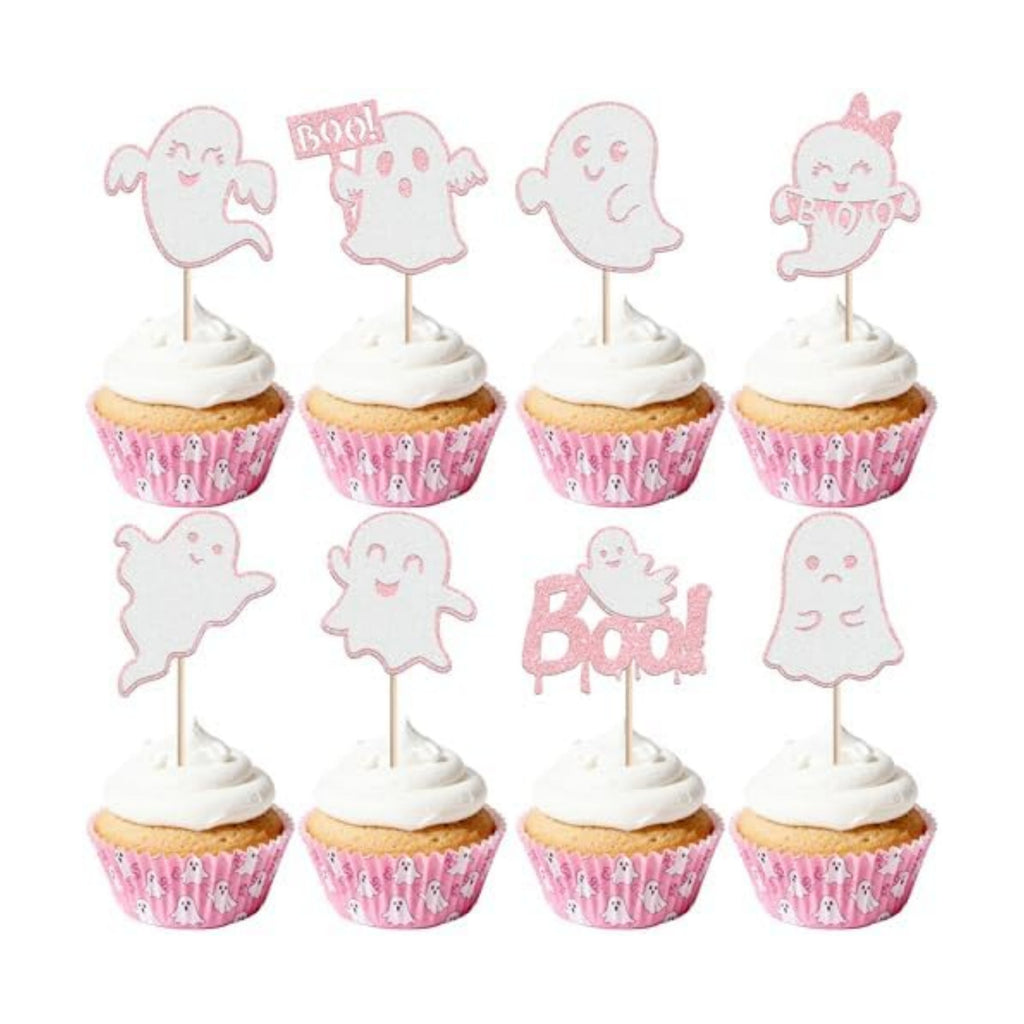 24 PCS Ghost Boo Cupcake Toppers Glitter Halloween Ghost Cupcake Picks Little Boo Cupacke Decorations for Halloween Theme Baby Shower Kids Girl Birthday Spooky Party Cake Decorations Supplies Pink