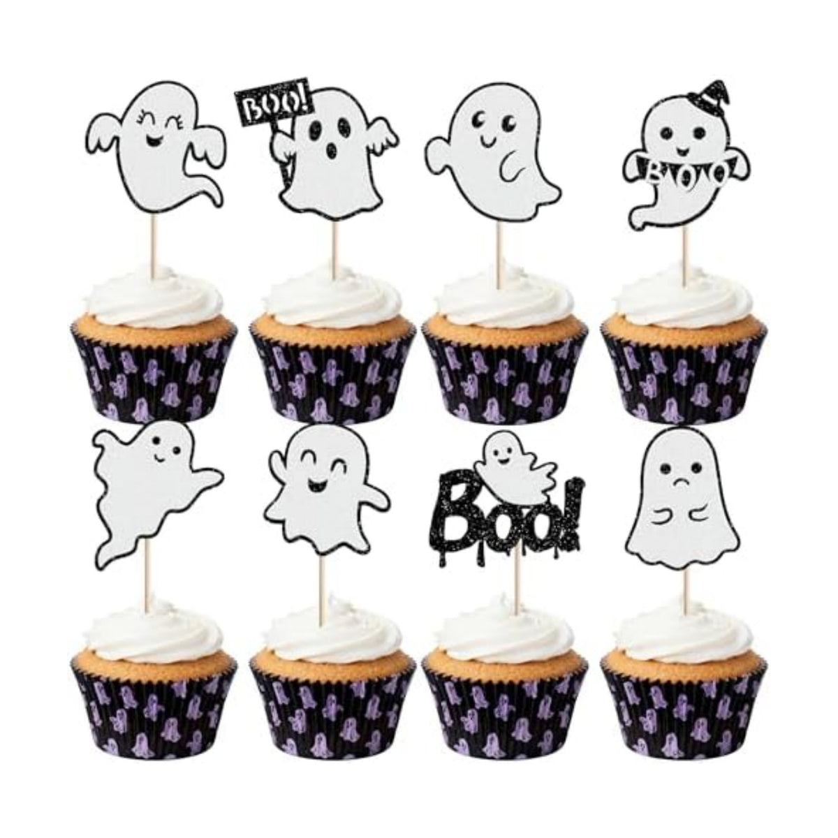 24 PCS Ghost Boo Cupcake Toppers Glitter Little Boo Ghost Cupcake Picks Halloween Party Decorations for Halloween Theme Spooky Baby Shower Kids Birthday Party Cake Decorations Supplies Black