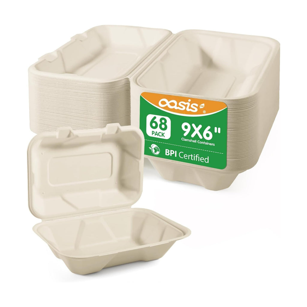 9x6x3 Inch 68 Pack Clamshell Take Out Food Containers, Compostable Disposable Paper To Go Boxes with Lids, Heavy Duty Sugarcane Bagasse Lunch Boxes for Leftovers, Meal Prep & Takeout, Natural