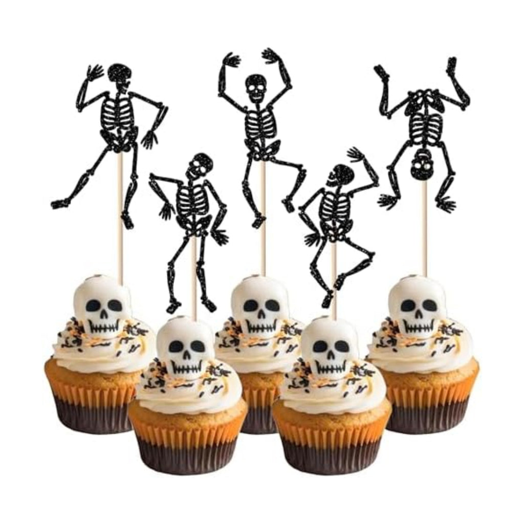30 PCS Halloween Skull Cupcake Toppers Glitter Skeleton Dance Cupcake Picks Happy Halloween Party Decorations for Skull Baby Shower Kids Boys Girls Birthday Party Cake Decorations Supplies Black