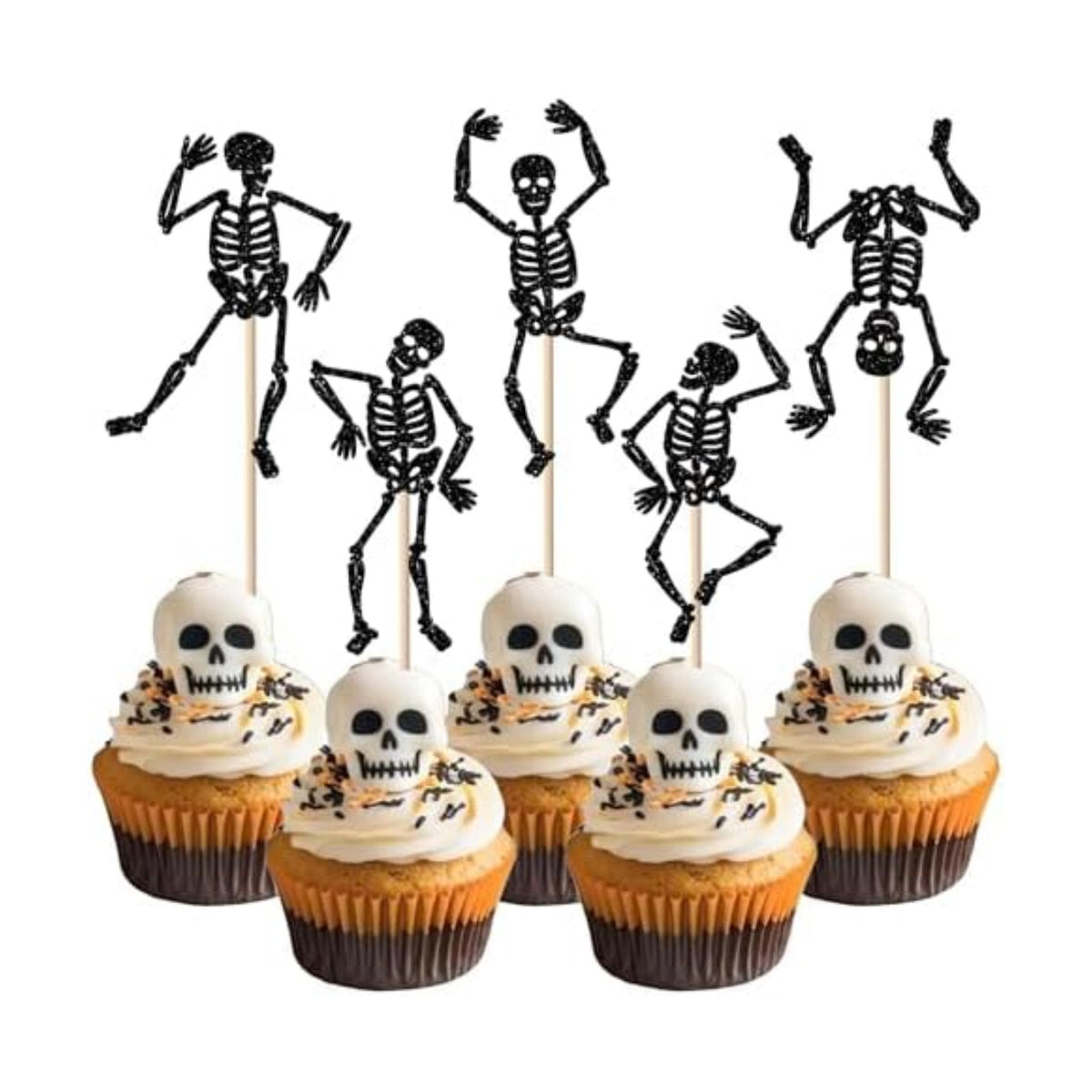 30 PCS Halloween Skull Cupcake Toppers Glitter Skeleton Dance Cupcake Picks Happy Halloween Party Decorations for Skull Baby Shower Kids Boys Girls Birthday Party Cake Decorations Supplies Black