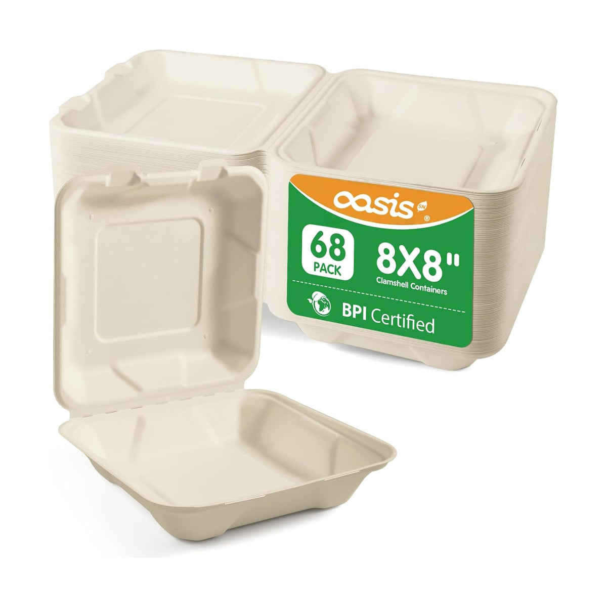8x8 Inch 68 Pack Compostable Clamshell Take Out Food Containers, Disposable Paper To Go Boxes with Lids, Heavy Duty Sugarcane Bagasse Containers for Meals & Takeout, Natural