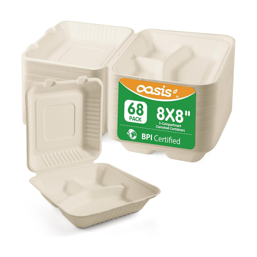8x8 Inch 68 Pack 3-Compartment Clamshell Take Out Food Containers, Compostable Disposable Paper To Go Boxes with Lids, Heavy Duty Sugarcane Bagasse Containers for Meals & Sides, Natural