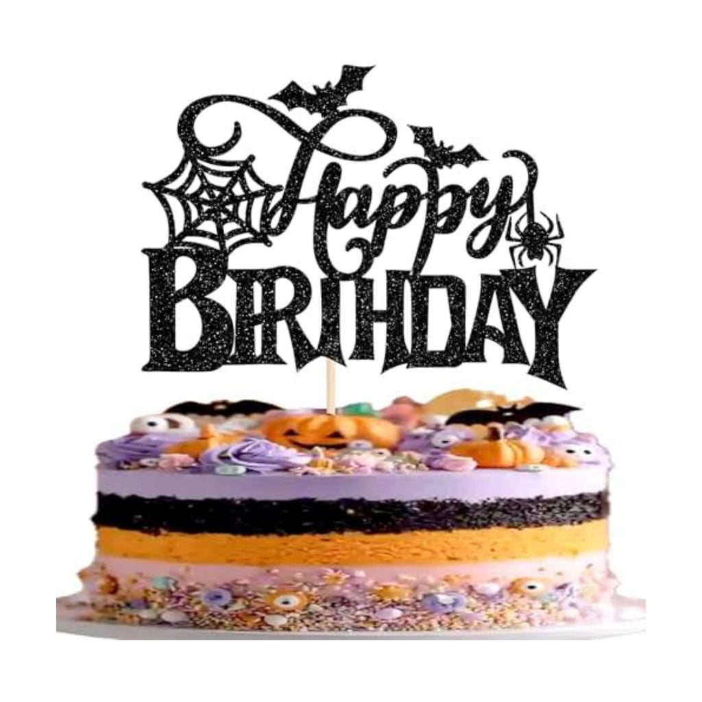 1 PCS Halloween Happy Birthday Cake Topper Black Glitter Spider Web Bat Cake Pick Halloween Party Decorations for Baby Shower Kids Birthday Party Cake Decorations Supplies