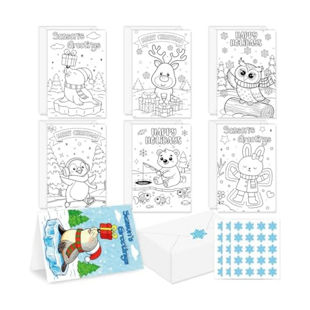 Whaline 24 Packs Winter Christmas Color Your Own Cards Greeting Card DIY Coloring Cartoon Animal Note Cards with Envelopes and Stickers for Xmas Holiday Baby Shower Student Crafts