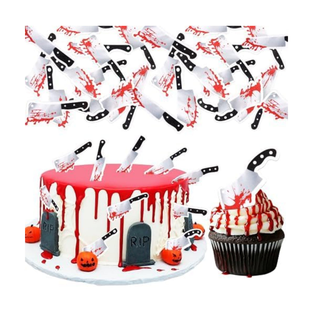 64 PCS Edible Halloween Cupcake Toppers Wafer Paper Horror Blood Knife Cupcake Picks Edible Have a Killer Birthday Cake Decorations for Halloween Blood Knife Theme Killer Birthday Party Supplies