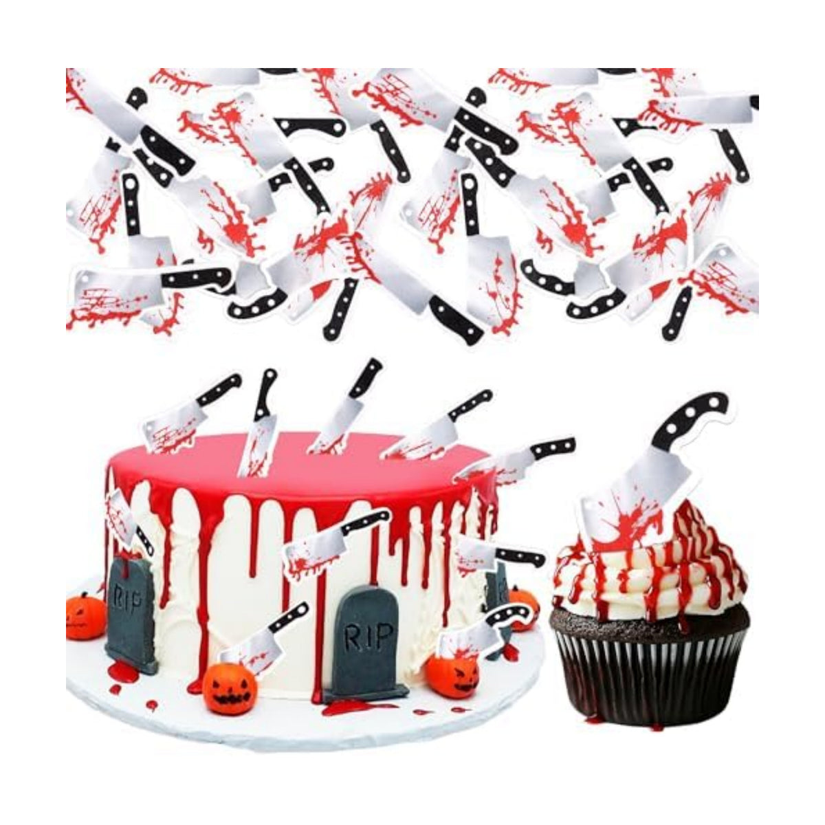 64 PCS Edible Halloween Cupcake Toppers Wafer Paper Horror Blood Knife Cupcake Picks Edible Have a Killer Birthday Cake Decorations for Halloween Blood Knife Theme Killer Birthday Party Supplies