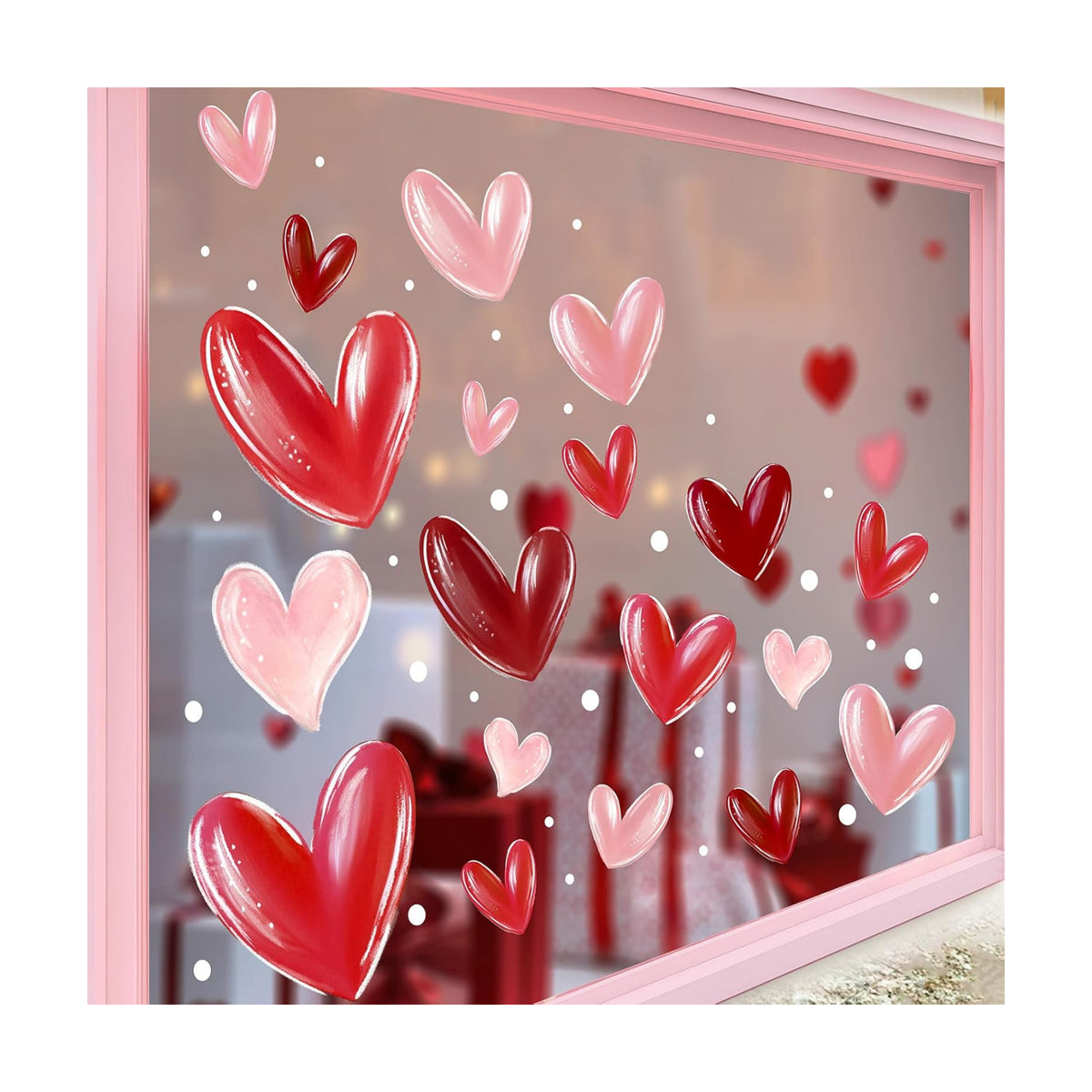 JarThenaAMCS Extra Large Valentine's Day Window Clings Window Stickers Pink Red Heart White Dot Double-Sided Glass Decals for Wedding Anniversary Party Wall Decor, 6 Sheets