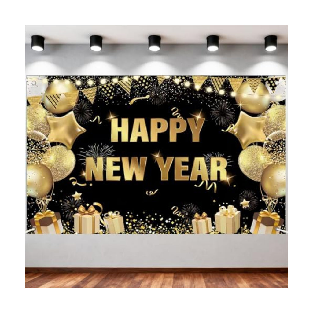 2026 Happy New Year Banner Backdrop Fabric Black Gold Design for Photo Booth Background New Years Eve Party Decorations 71 x 43 inch