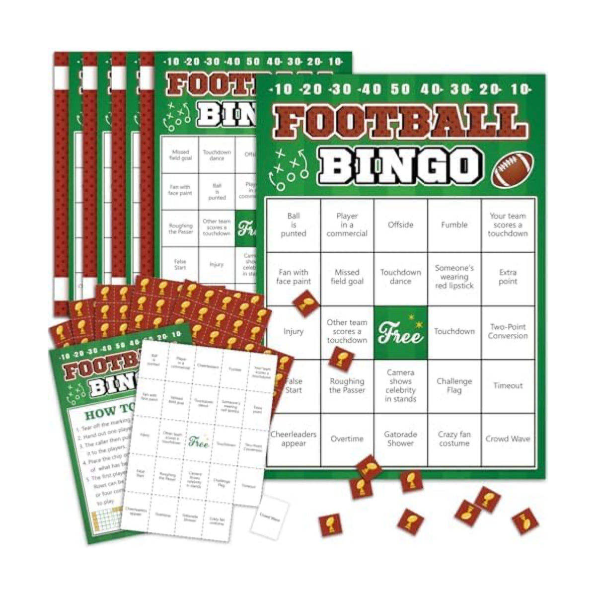 Football Bingo Game Cards - 24 Sheet, Party Favors for Super Bowl, Tailgate, Birthday Party, Family Game Night Activities