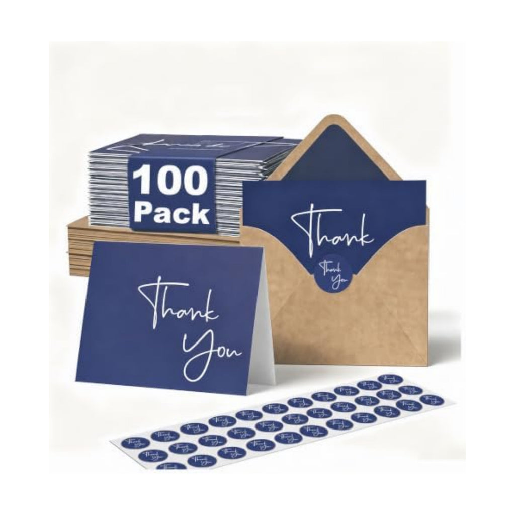 XXINMOH 100 Pack Thank You Cards With Envelopes Bulk Set & Stickers - 4x6 inch Blank Thank You Notes Bulk Box Set - Large Note Card Small Business, Wedding, Baby Shower & Bridal Shower - Navy Blue