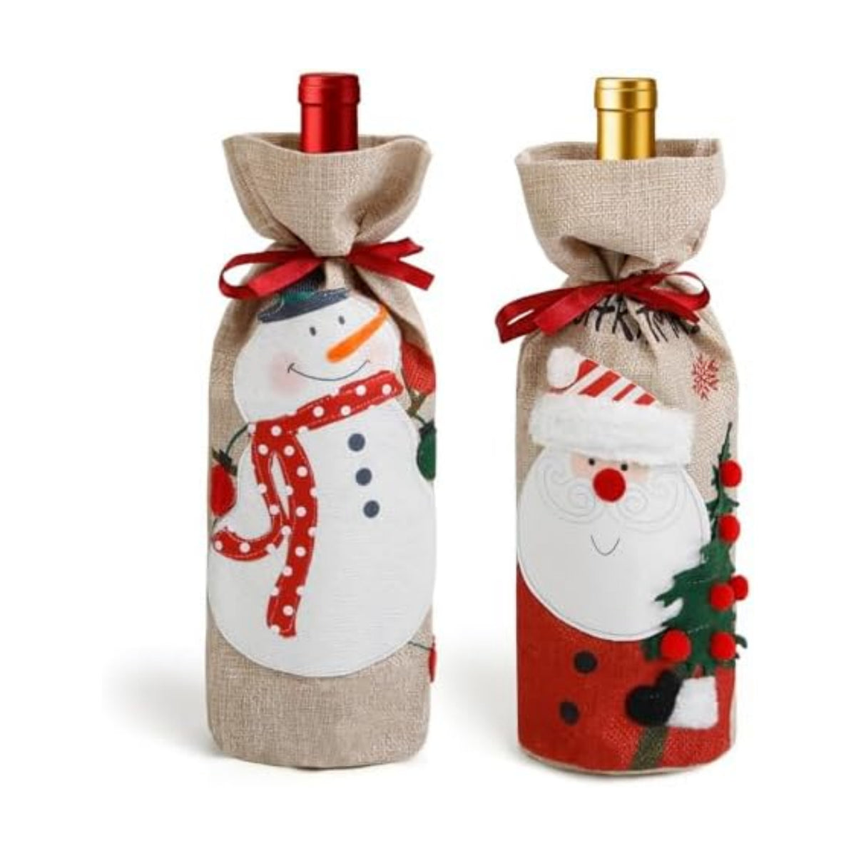TEBIEKOY Christmas Wine Bags Festive Burlap Wine Bottle Gift Bags with Drawstring Reusable Wine Bottle Covers for Xmas Christmas Holiday Packaging for Wine, Champagne, Gifts & Party Decor (2-Pack)
