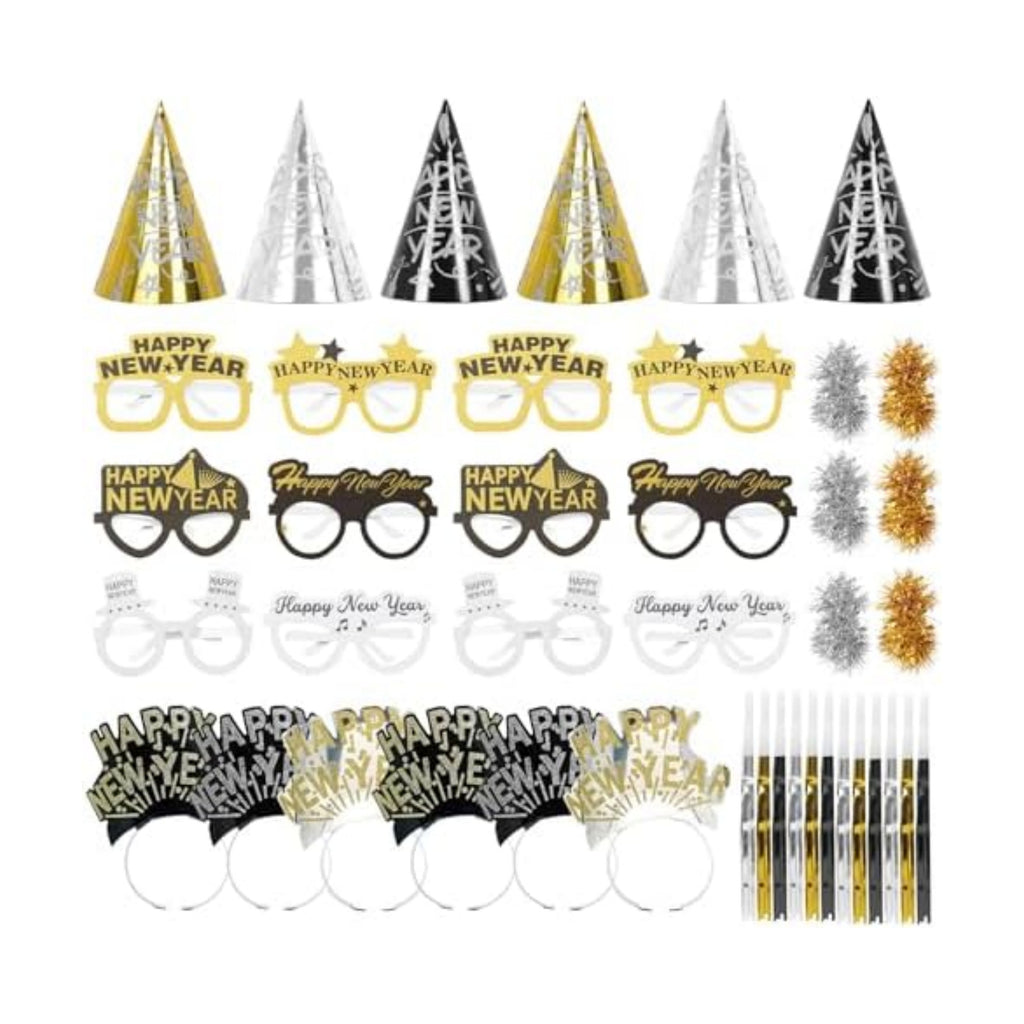 42 Pieces 2026 New Year's Eve Party Supplies Kit - Black Gold Silver Happy New Year Paper Glasses, Headband Tiaras, Cone Hats, Noise Makers for New years Eve Party Decorations