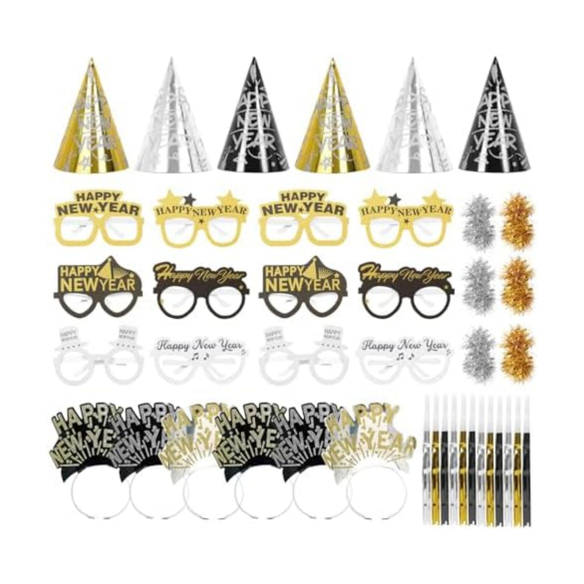 42 Pieces 2026 New Year's Eve Party Supplies Kit - Black Gold Silver Happy New Year Paper Glasses, Headband Tiaras, Cone Hats, Noise Makers for New years Eve Party Decorations