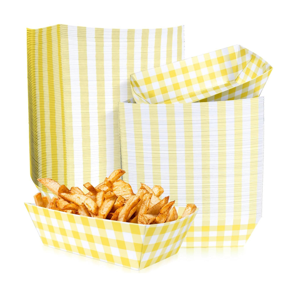 100 Pcs Yellow Gingham Paper Food Trays, Pre-Folded Yellow Checkered Disposable Food Boats for Hot Dogs, Fries, Nachos, Snacks, Carnival, Picnic, Baby Shower, Rustic Wedding, BBQ Party Supplies