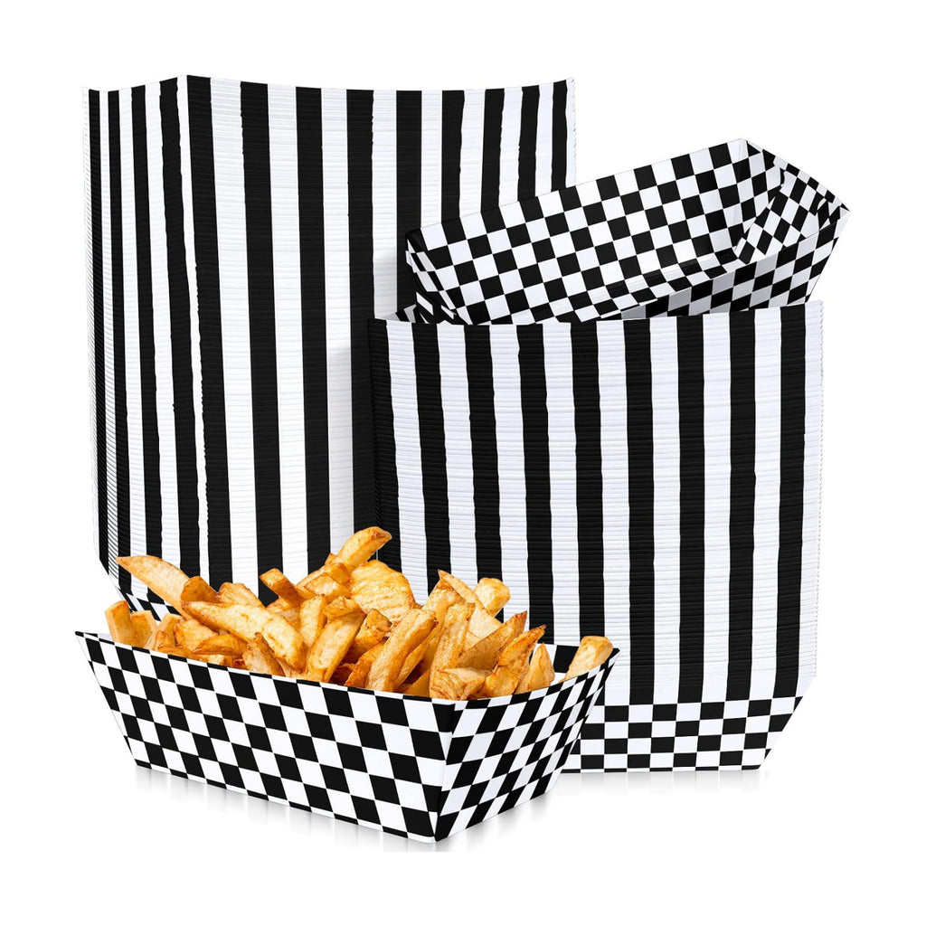 100 Pcs Black and White Checkered Paper Food Trays, Pre-Folded Classic Disposable Food Boats for Hot Dogs, Fries, Nachos, Snacks, Carnival, Picnic, Sports Events, BBQ, Party Supplies