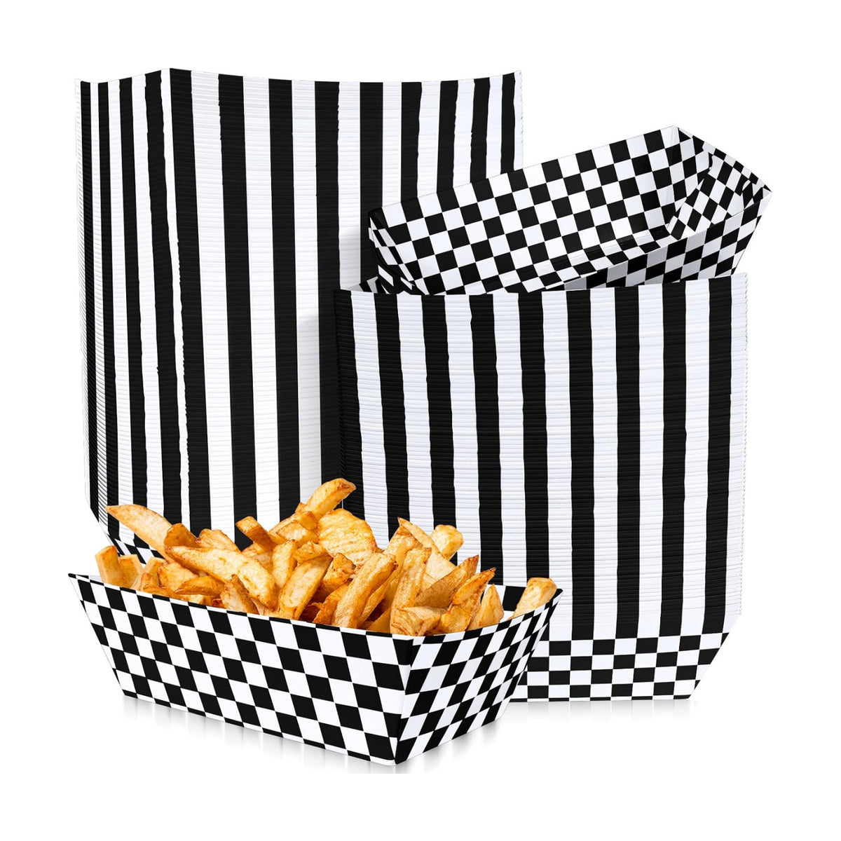 100 Pcs Black and White Checkered Paper Food Trays, Pre-Folded Classic Disposable Food Boats for Hot Dogs, Fries, Nachos, Snacks, Carnival, Picnic, Sports Events, BBQ, Party Supplies