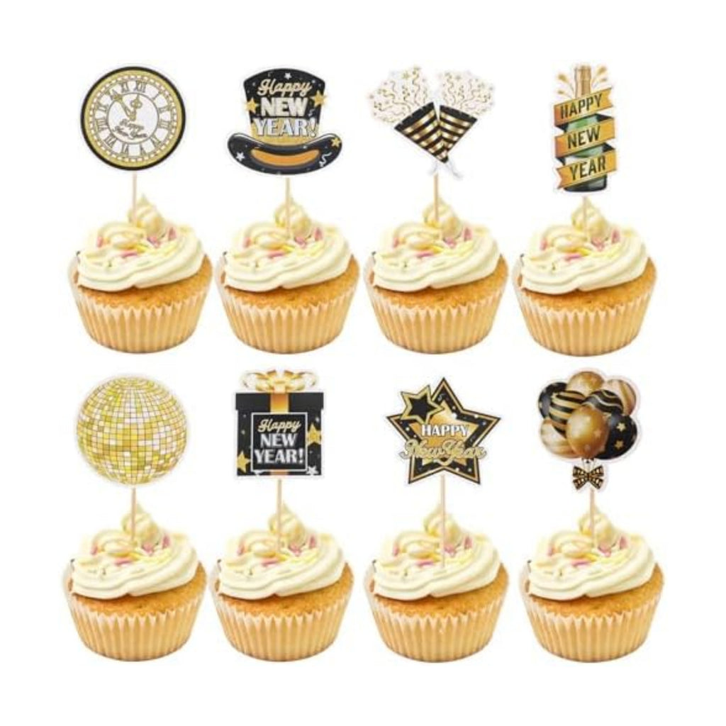 Happy New Year 2027 Cupcake Toppers, 24 PCS Happy New Year Decorations, Black and Gold Cupcake Toppers Cake Decorations Food Picks for New Year's Eve 2027 Party Decoration Supplies, 8 Designs
