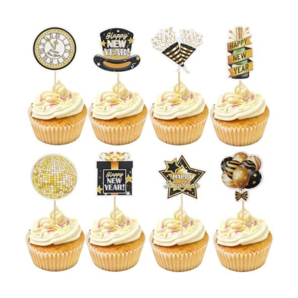 Happy New Year 2027 Cupcake Toppers, 24 PCS Happy New Year Decorations, Black and Gold Cupcake Toppers Cake Decorations Food Picks for New Year's Eve 2027 Party Decoration Supplies, 8 Designs