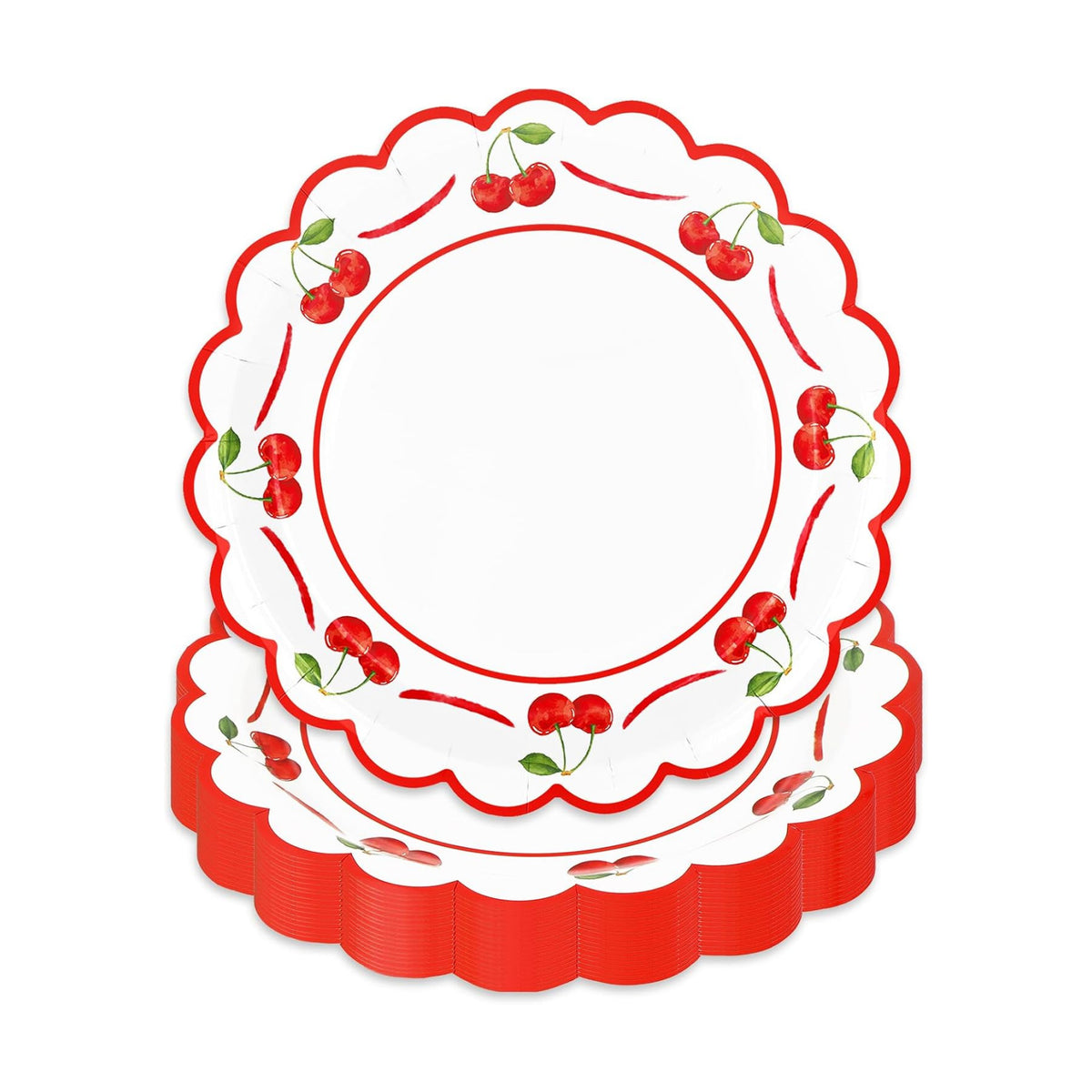 JarThenaAMCS 50 Pcs Cherry Paper Plates Scalloped Disposable Plate Red Decorative Tableware for Holiday Party Decor Supplies, 9 In