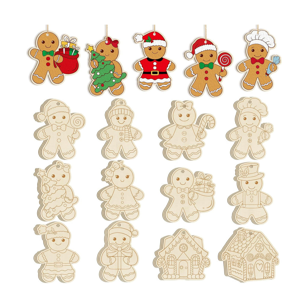 36PCS Wooden Christmas Ornaments to Paint, 12 Styles DIY Blank Unfinished Wood Gingerbread Man Cutouts Ornament for Crafts Winter Hanging Decorations