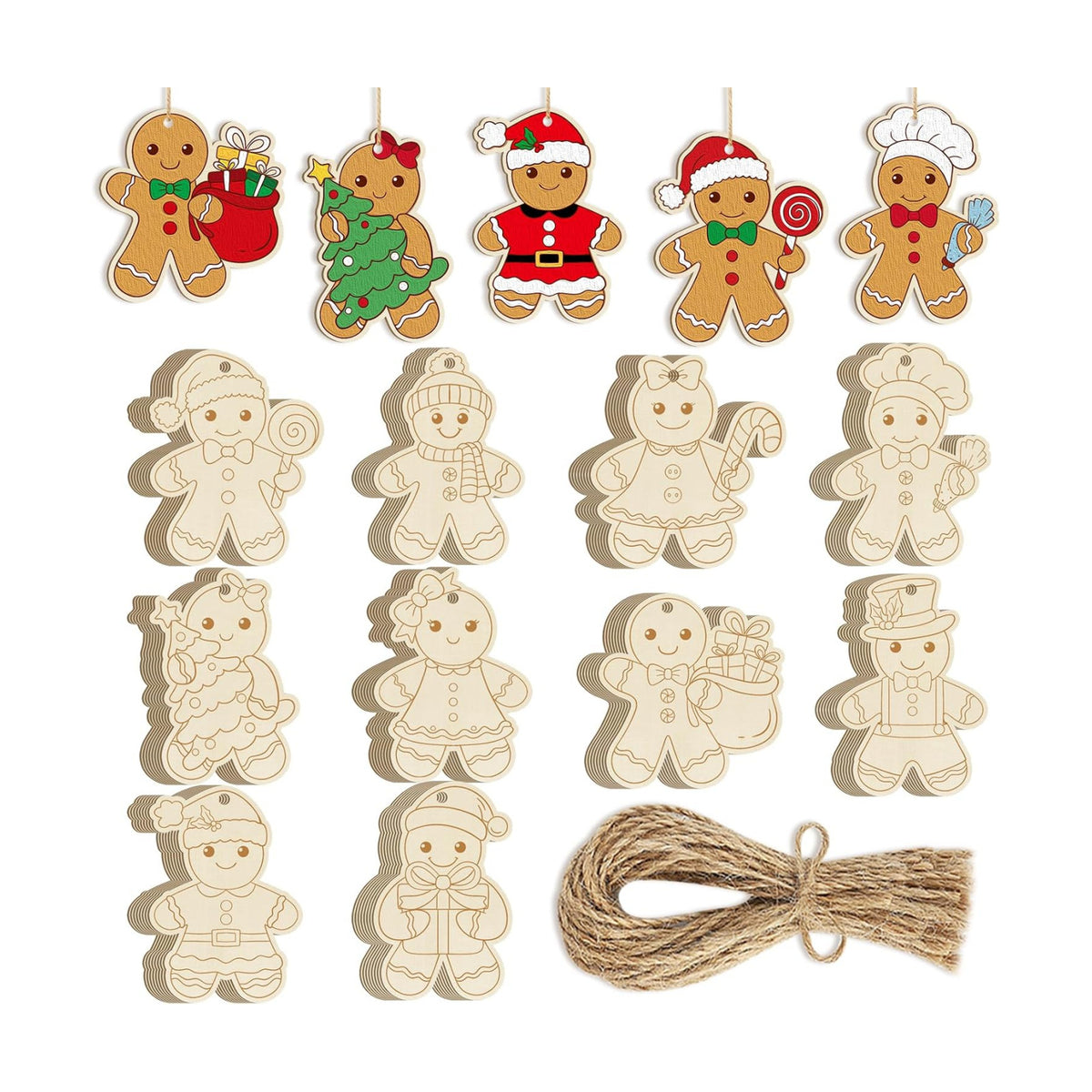 80PCS Wooden Christmas Ornaments to Paint, 8 Styles DIY Blank Unfinished Wood Gingerbread Man Cutouts Ornament for Crafts Winter Hanging Decorations