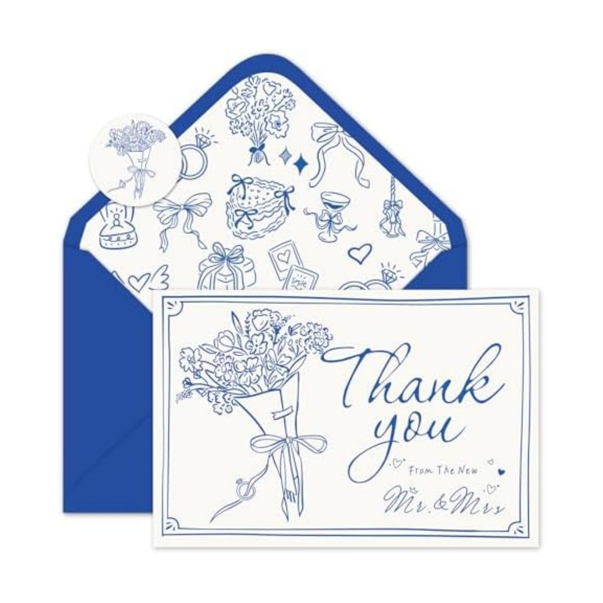 Whaline 24 Pack Wedding Thank You Cards Blue The New Mr & Mrs Flower Bouquet Thank You Blank Note Card Greeting Card with Envelope Sticker for Bridal Shower