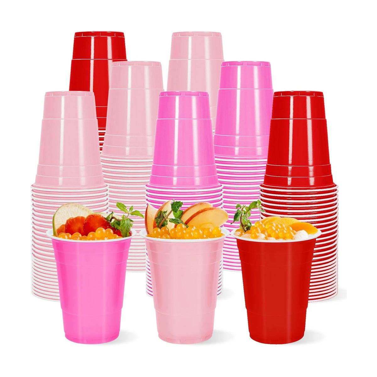 Whaline 60 Pcs Valentine's Day Plastic Cups 16 Oz Drinking Cups Pink Red Disposable Cup for Wedding Birthday Strawberry Cherry Party Supplies
