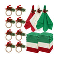 LemonRoad 36 Pcs Christmas Cloth Napkins and Napkin Ring Holders, Reusable Fabric with Pine Needle Red Fruit Napkin Rings for Xmas Table Decor, Banquet, Holiday Dinner Party, Wedding Party Supplies