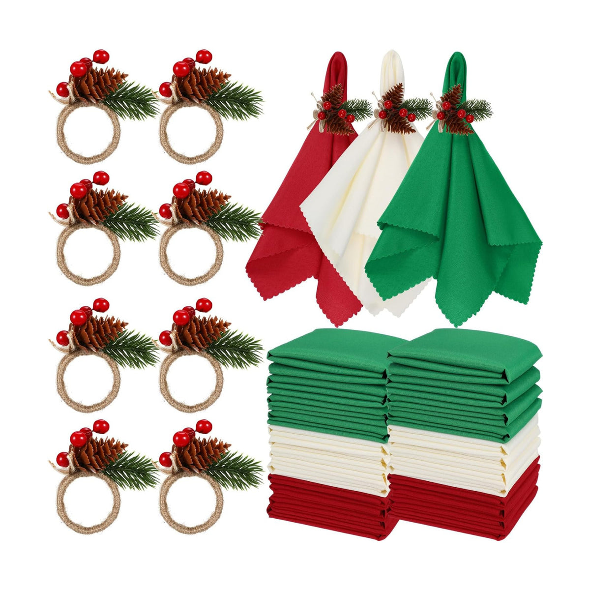 LemonRoad 36 Pcs Christmas Cloth Napkins and Napkin Ring Holders, Reusable Fabric with Pine Needle Red Fruit Napkin Rings for Xmas Table Decor, Banquet, Holiday Dinner Party, Wedding Party Supplies