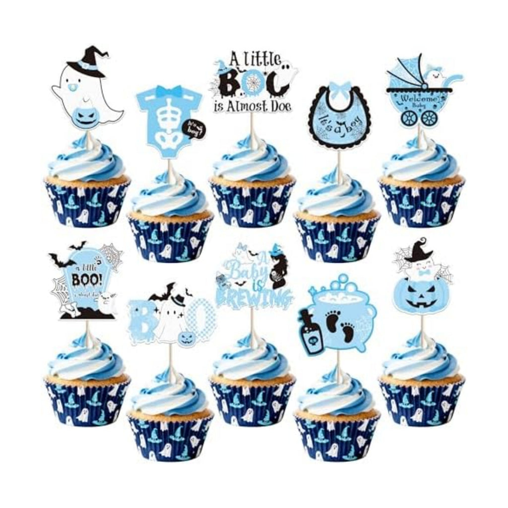 40 PCS Baby Shower Halloween Cupcake Toppers Ghost Bat A Baby is Brewing Cupcake Picks A Little Boo is Almost Doe It's a Boy Cake Decorations for Halloween Theme Boys Birthday Party Supplies Blue