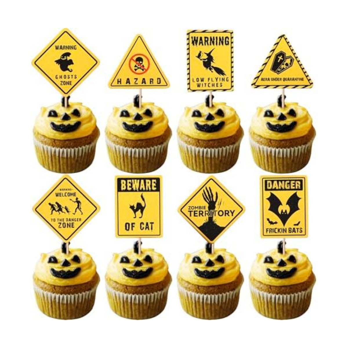 40 PCS Halloween Cupcake Toppers Warning Sign Tombstone Witch Bat Cupcake Picks Danger Beware of Cat Zombie Cupcake Decorations for Halloween Theme Zombie Birthday Party Cake Decorations Supplies