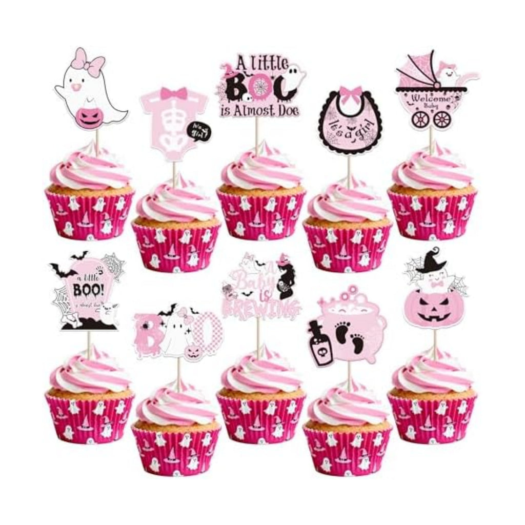 40 PCS Baby Shower Halloween Cupcake Toppers Ghost Bat A Baby is Brewing Cupcake Picks A Little Boo is Almost Doe It's a Girl Cake Decorations for Halloween Theme Girls Birthday Party Supplies Pink