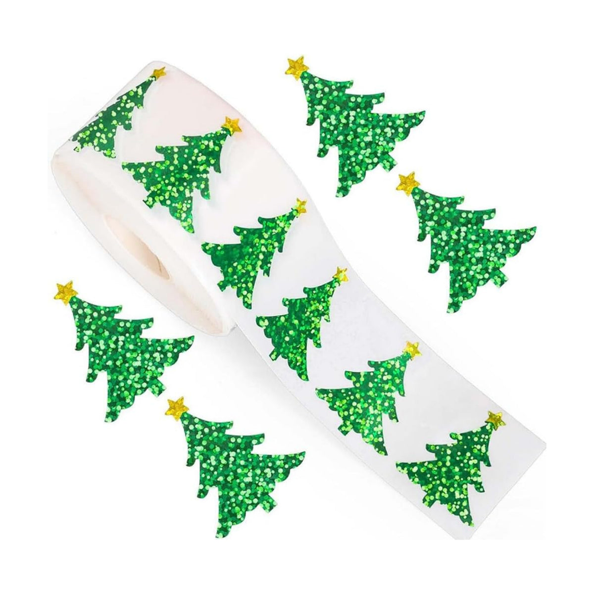 500Pcs Christmas Tree Stickers Roll - Laser Christmas Tree Shape Self-Adhesive Sealing Stickers, Green Sparkly Waterproof Decals for Christmas Party Envelope Scrapbook Decor