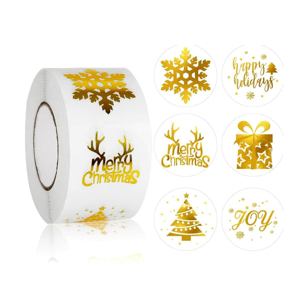 500Pcs Christmas Stickers Roll - Hot Stamping Snowflake Self-Adhesive Sealing Stickers,Gold Sparkly Waterproof Decals for Christmas Party Envelope Scrapbook Decor（ 6 Pattern Designs）
