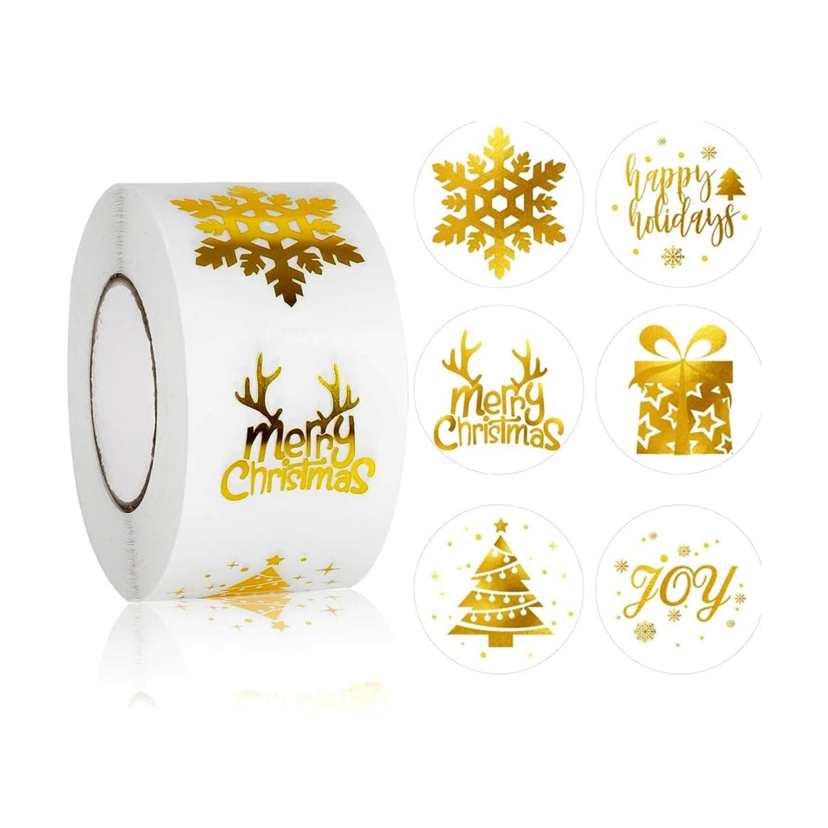 500Pcs Christmas Stickers Roll - Hot Stamping Snowflake Self-Adhesive Sealing Stickers,Gold Sparkly Waterproof Decals for Christmas Party Envelope Scrapbook Decor（ 6 Pattern Designs）