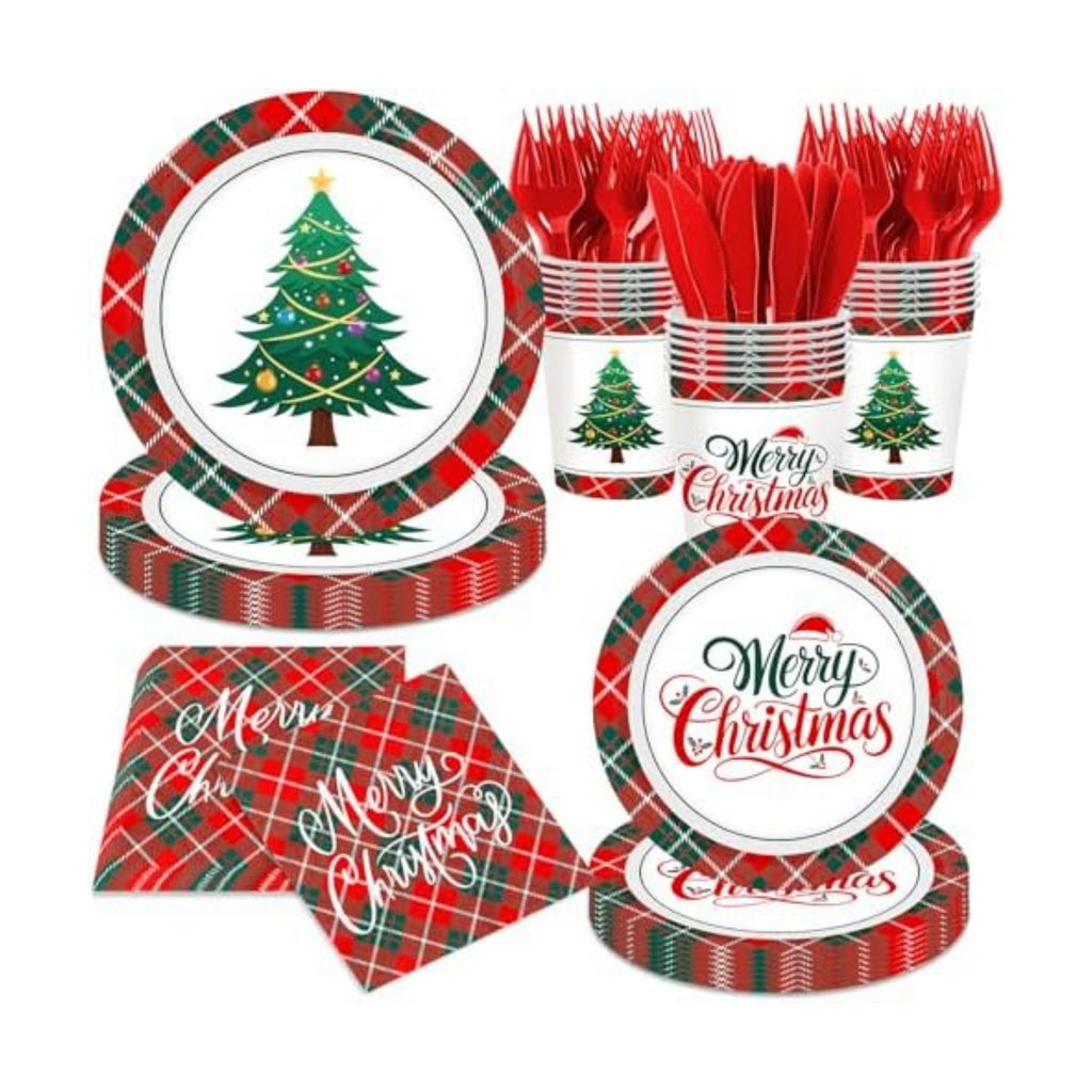 Christmas Plates and Napkins Party Decoration Serve 24, Red Green Merry Christmas Tree Buffalo Plaid Tableware Disposable Paper Plates,Napkins,Cups,Forks,Knives for Xmas Holiday Supplies Decor