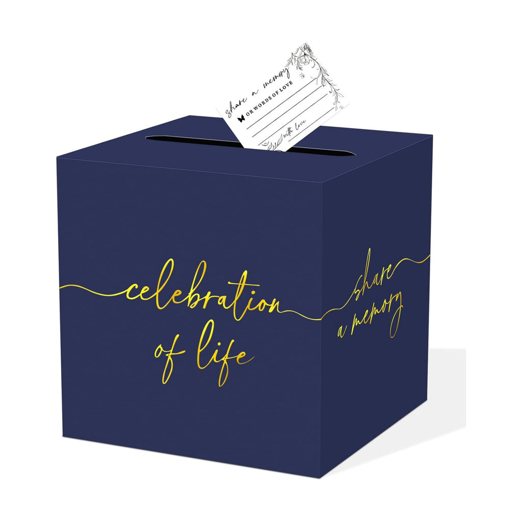 QISOLIY Navy Blue Celebration of Life Card Box with Gold Lettering, Share a Memory Funeral Card Box for Memorial Service, Remembrance Table Decor, Memory Box for Sympathy Condolence Messages