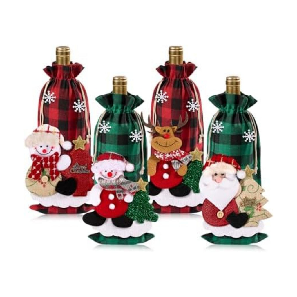 Swooflia Christmas Wine Gift Bags - 4 Pcs Classic Checkered Wine Bottle Bag with 3D Dolls Reusable Xmas Bottle Cloth Wrapping Sleeves with Drawstring Cute Holiday Party Decoration