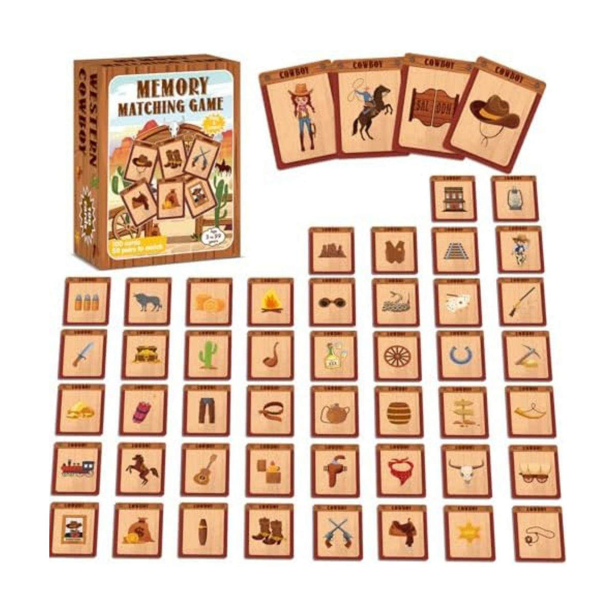 gisgfim 100 PCS Memory Matching Game Cowboy Concentration Memory Card Games for Kids Educational A Fun & Fast Western Party Favor Wild West Theme Matching Games