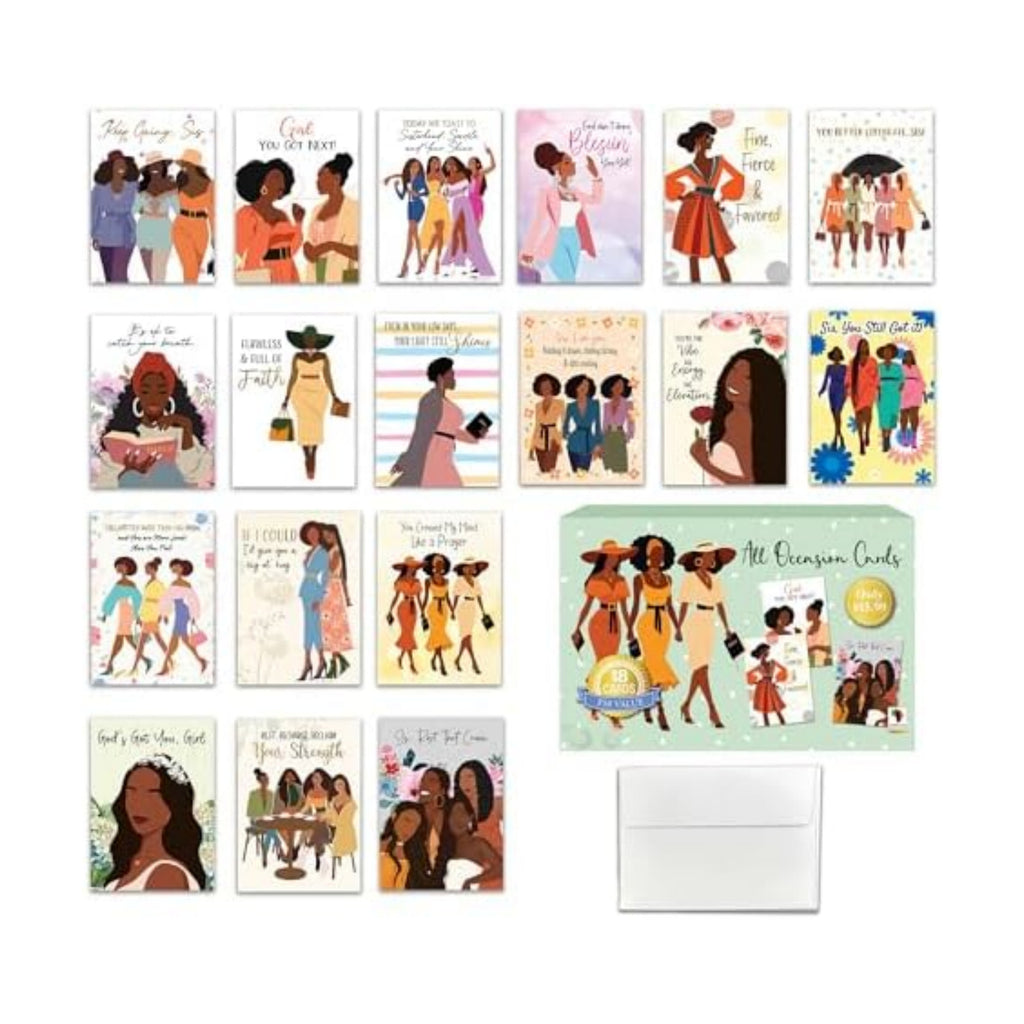 African American Greeting Cards Assortment Box – 18 Cards with Envelopes, Birthday, Friendship & Thank You Notes – Gift for Women
