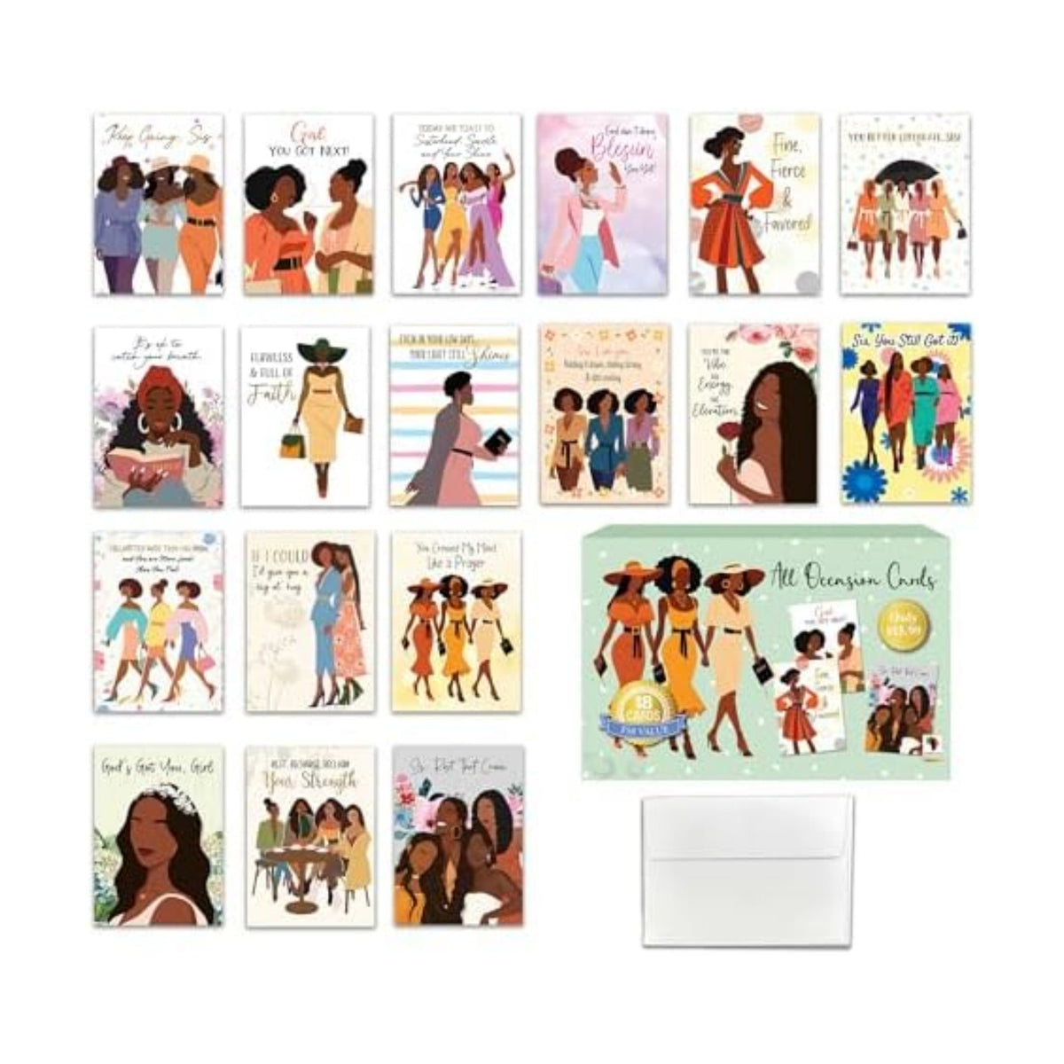 African American Greeting Cards Assortment Box – 18 Cards with Envelopes, Birthday, Friendship & Thank You Notes – Gift for Women