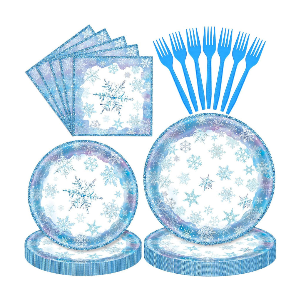 96 Pieces Snowflake Winter Tableware Set – Blue Disposable Plates, Napkins, and Forks for Frozen Birthday Parties, Christmas Dinners, Holiday Gatherings, and Winter Celebrations – Serves 24 Guests