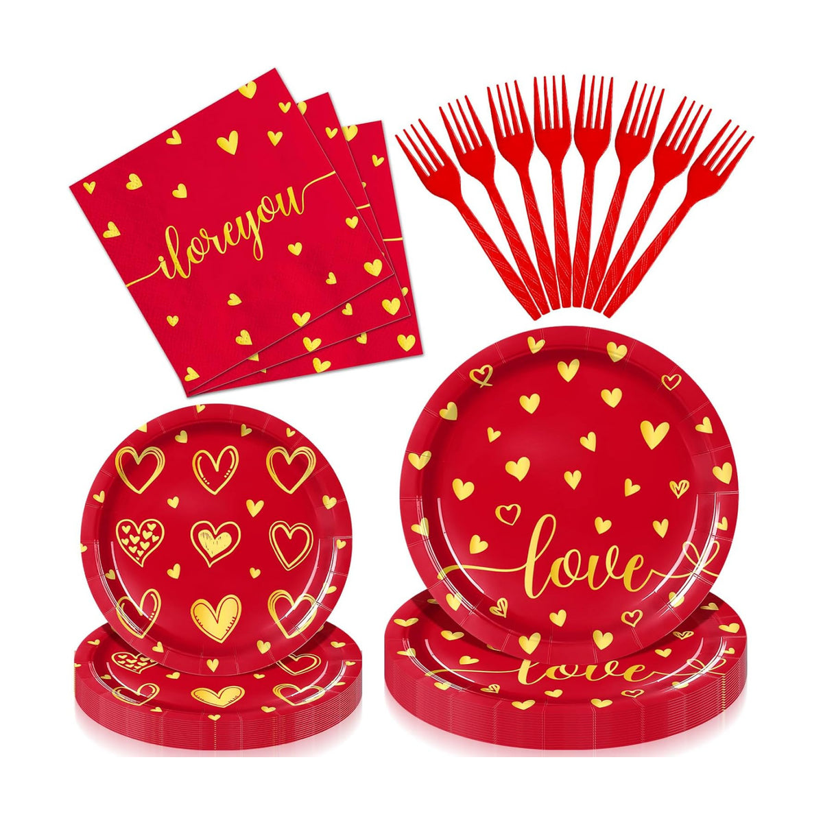 96 Pieces Valentine’s Day Love Tableware Set – Red and Gold Heart Disposable Plates, Napkins, and Forks for Romantic Dinners, Wedding, Anniversaries, and Valentine Celebrations – Serves 24 Guests