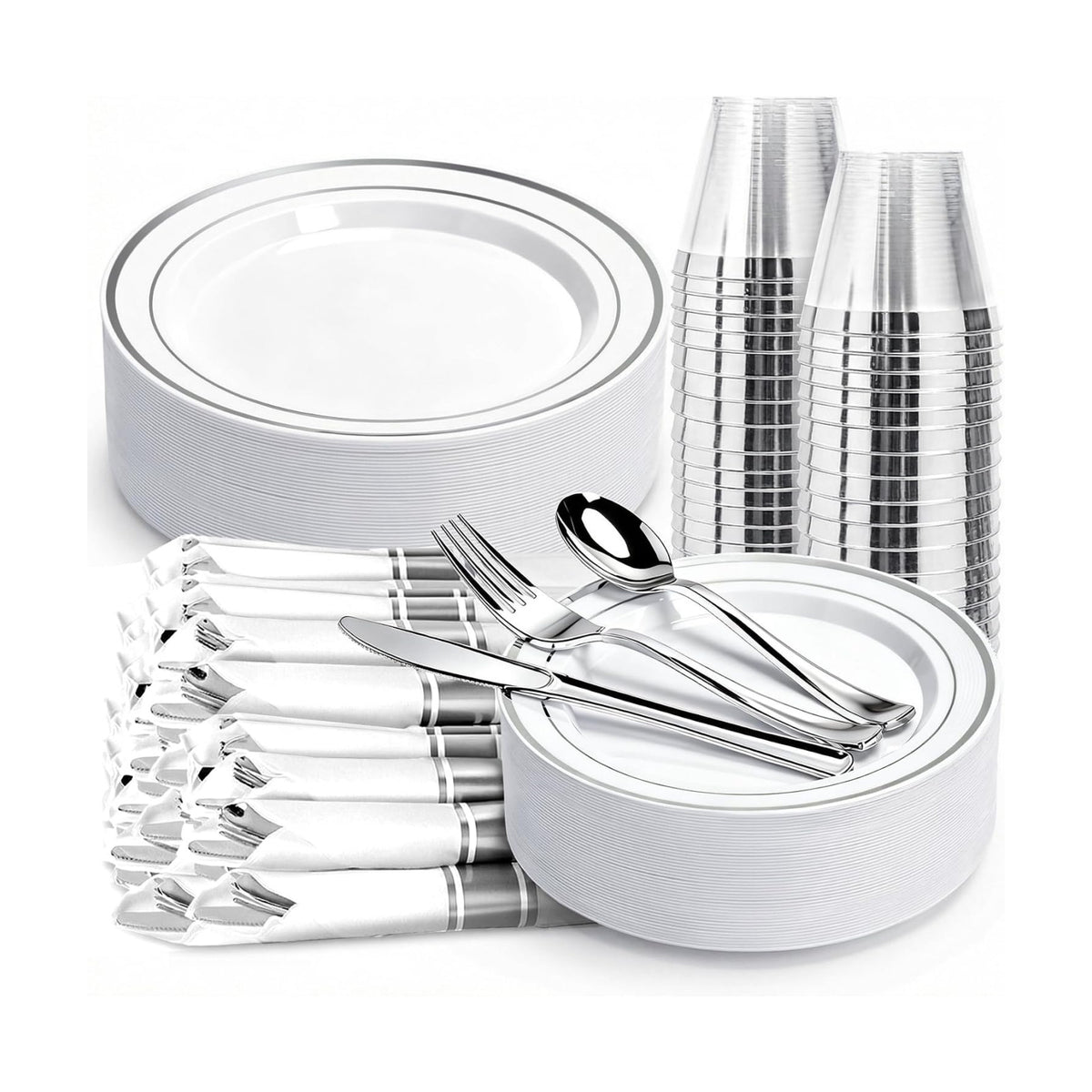 175 PCS White and Silver Plastic Dinnerware Set for 25 Guests