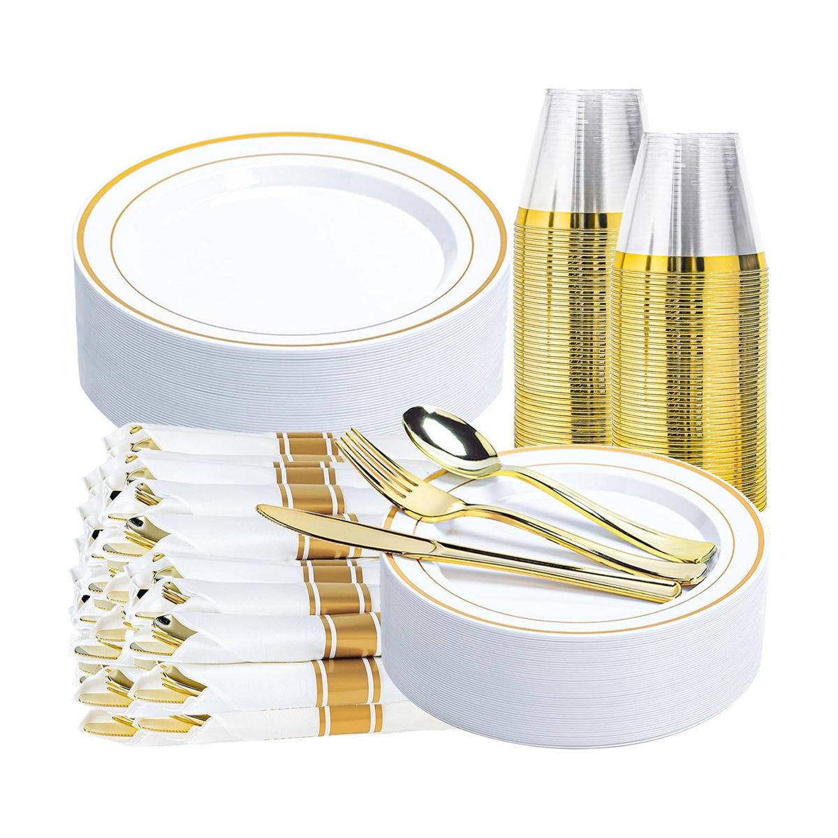 175 PCS White and Gold Plastic Dinnerware Set for 25 Guests