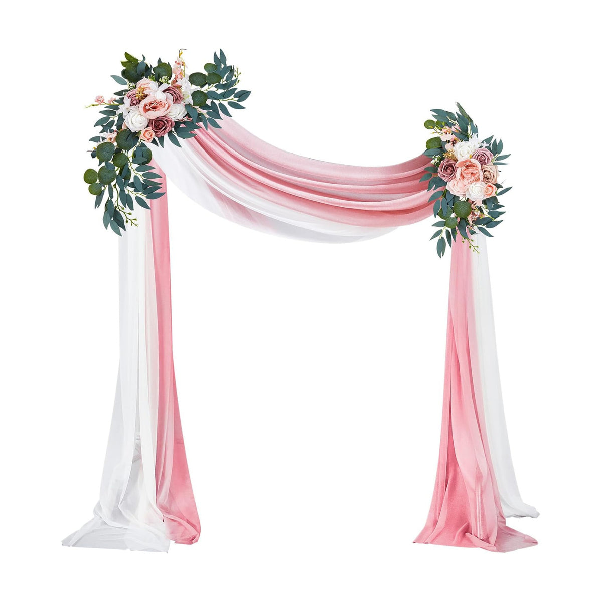 Thiccywoov 4 Pcs Wedding Arch Flowers and Drape Kit Include 2 Artificial Floral Swag and 2 Chiffon Drapes, Faux Flower Set for DIY Wedding Party Reception Ceremony Backdrop Rose Decoration (Pink)